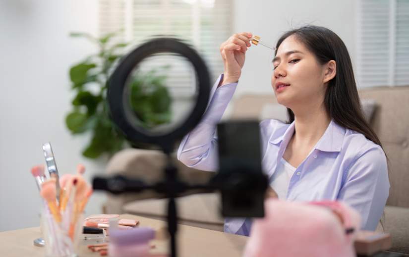 Content creator filming a skincare routine for video marketing, showcasing makeup tools and beauty products. 